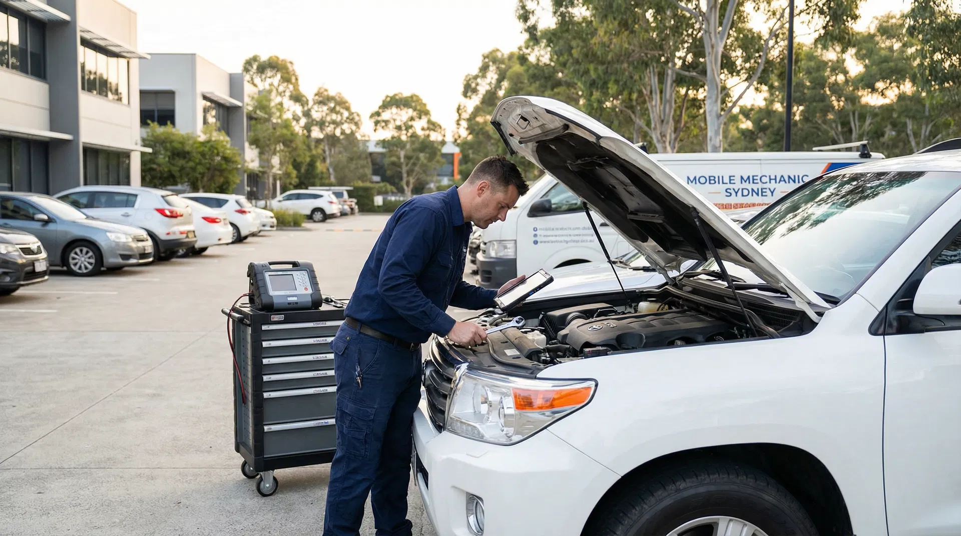 Mechanic working on agency vehicle in professional setting